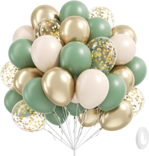 60 pcs Sage Green Sand White Metallic Gold Confetti Balloons