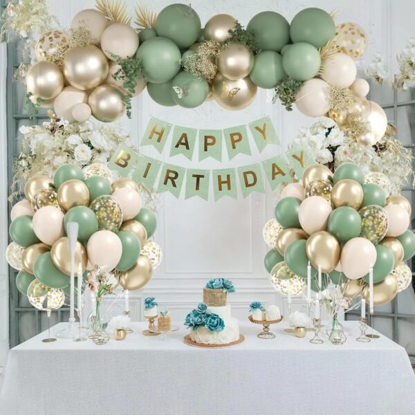 60 pcs Sage Green Sand White Metallic Gold Confetti Balloons