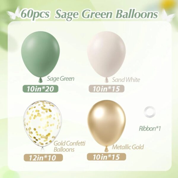 60 pcs Sage Green Sand White Metallic Gold Confetti Balloons